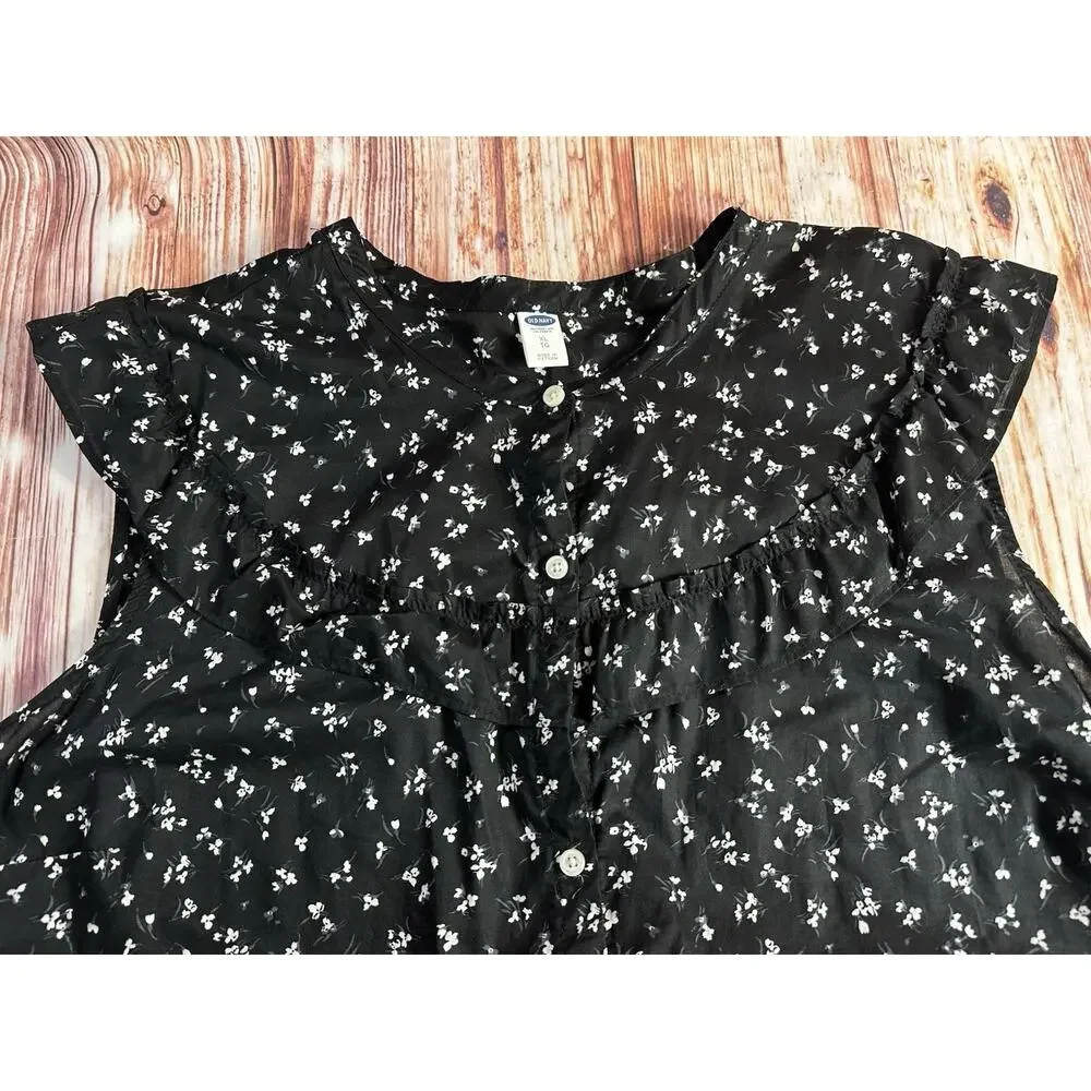 Old Navy Size X Large Black White Floral Cap Sleeve Ruffle Button Shirt Dress - Picture 3 of 9